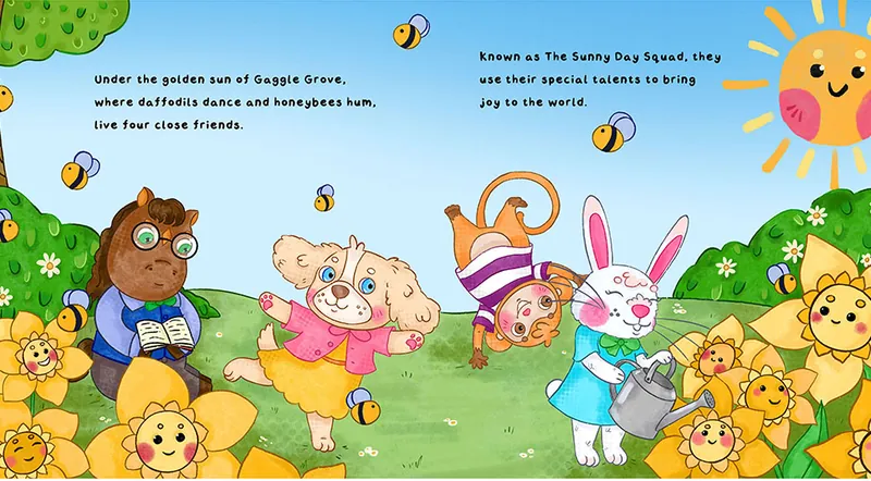 The Sunny Day Squad among the daffodils of Gaggle Grove under a smiling sun