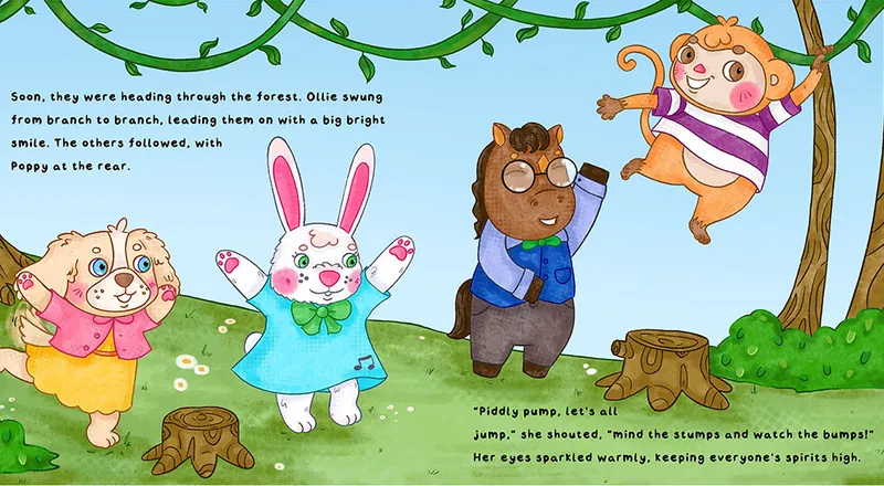 Ollie swinging through the forest as Poppy, Daisy and Ted follow